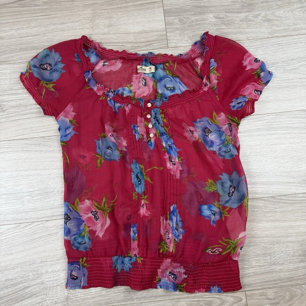 Hollister Womens Pink Floral‎ Sheer Smocked Blouse Short Sleeve Top Medium